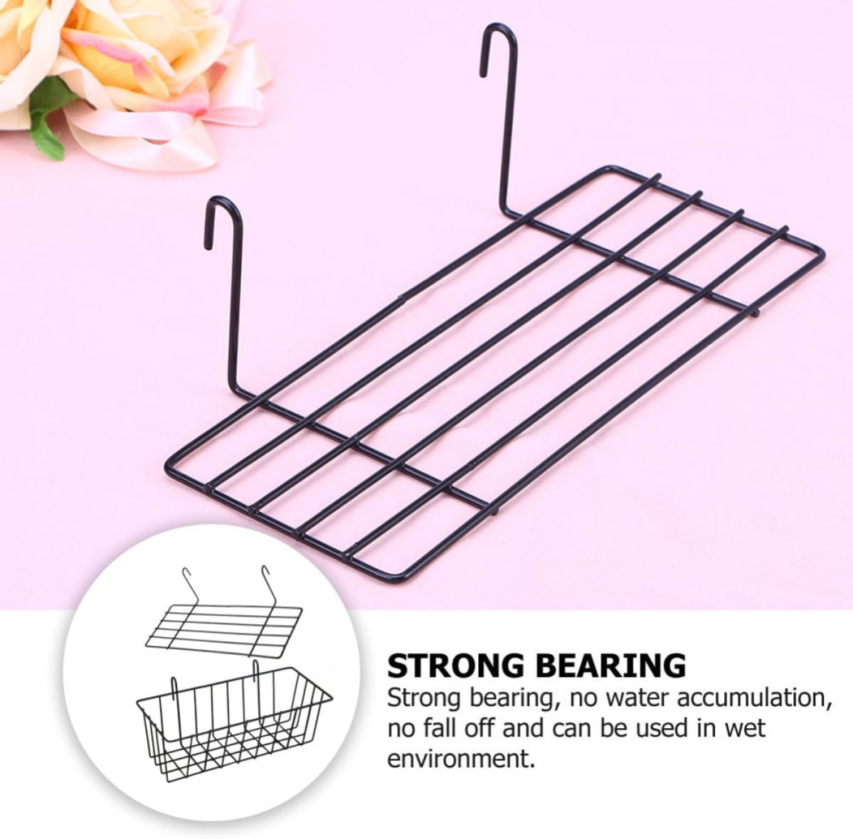 Healifty Black Wire Wall Basket Storage Rack 2pcs Rust Resistant Iron Grid Panel Hanging Basket Nail-free Wall-mounted Organizer for Home and Hotel