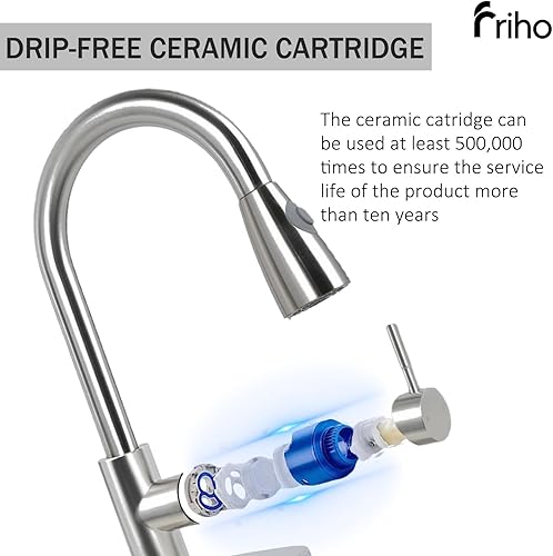 Miniatura 4 de Friho Grifo de cocina moderno de un solo orificio con 1 mango rociador extraíble de níquel cepillado, manguera extraíble de acero inoxidable, grifo