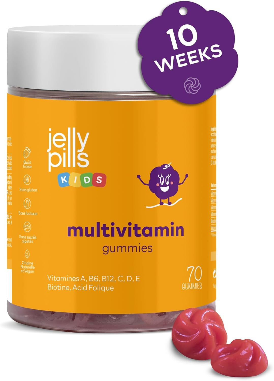 Jelly Pills Multivitamin & Mineral Gummies for Children – 70 Vegan Gummies – No Added Sugars – Strawberry Flavour – A, B, C, D, E, Zinc, Biotin & Folic Acid