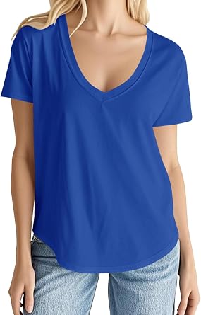 Smile Fish Summer Women V Neck Short Sleeve T-Shirt Relaxed Fit Curved Hem Casual Tops