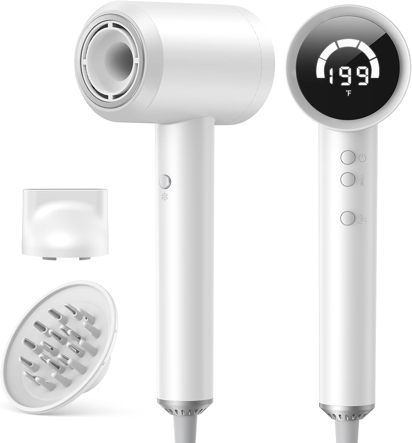 Hair Dryer with Diffuser and Concentrator, Fast Drying Ionic Blow Dryer, 6 Heat & 5 Speed Settings, Cold Shot Button, 2 Attachments for All Hair Types, Perfect for Home, Salon & Travel, White