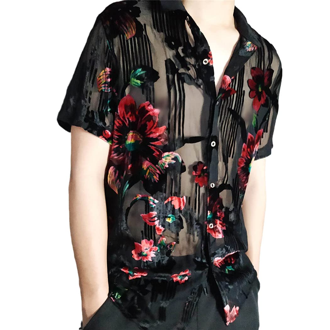 Dsdfsvew Men's As Picture Luxury Imitate Silk Flower Transparent Shirt Floral Velvet Shirt Short Sleeve See Through Button Up Shirt
