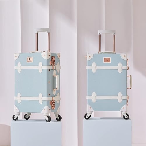 Miniatura 2 de 7998 Maleta de lujo vintage para mujer, aprobada por la TSA, linda maleta de mano, repujado azul , Juego de maletas vintage con ruedas giratorias