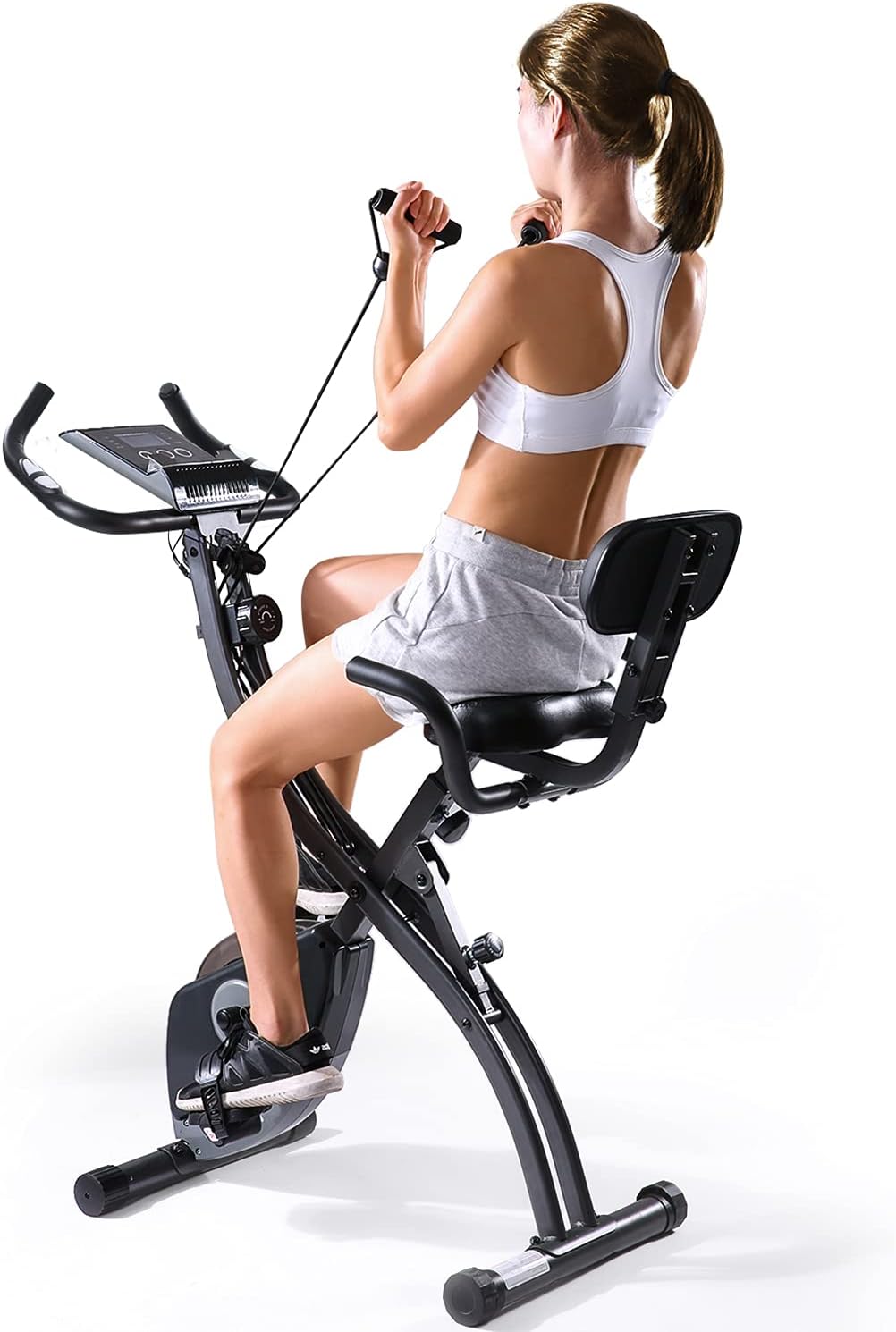 Exercise Bike-Indoor Cycling Stationary Bike Folding Magnetic Upright Bike Recumbent 3-in-1 Fitness Bike with Pulse Sensor for Adult Teenager Woman LCD Monitor and Arm Resistance Bands Suitable for Home Use
