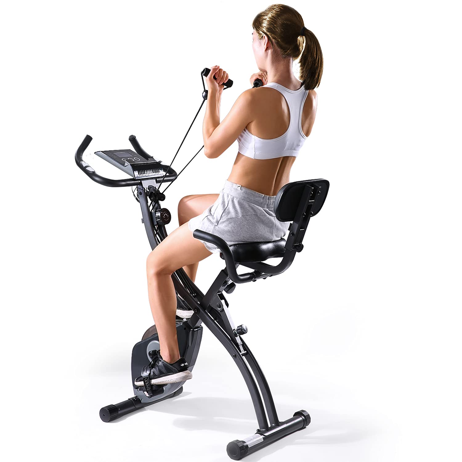 Exercise Bike-Indoor Cycling Stationary Bike Folding Magnetic Upright Bike Recumbent 3-in-1 Fitness Bike with Pulse Sensor for Adult Teenager Woman LCD Monitor and Arm Resistance Bands Suitable for Home Use
