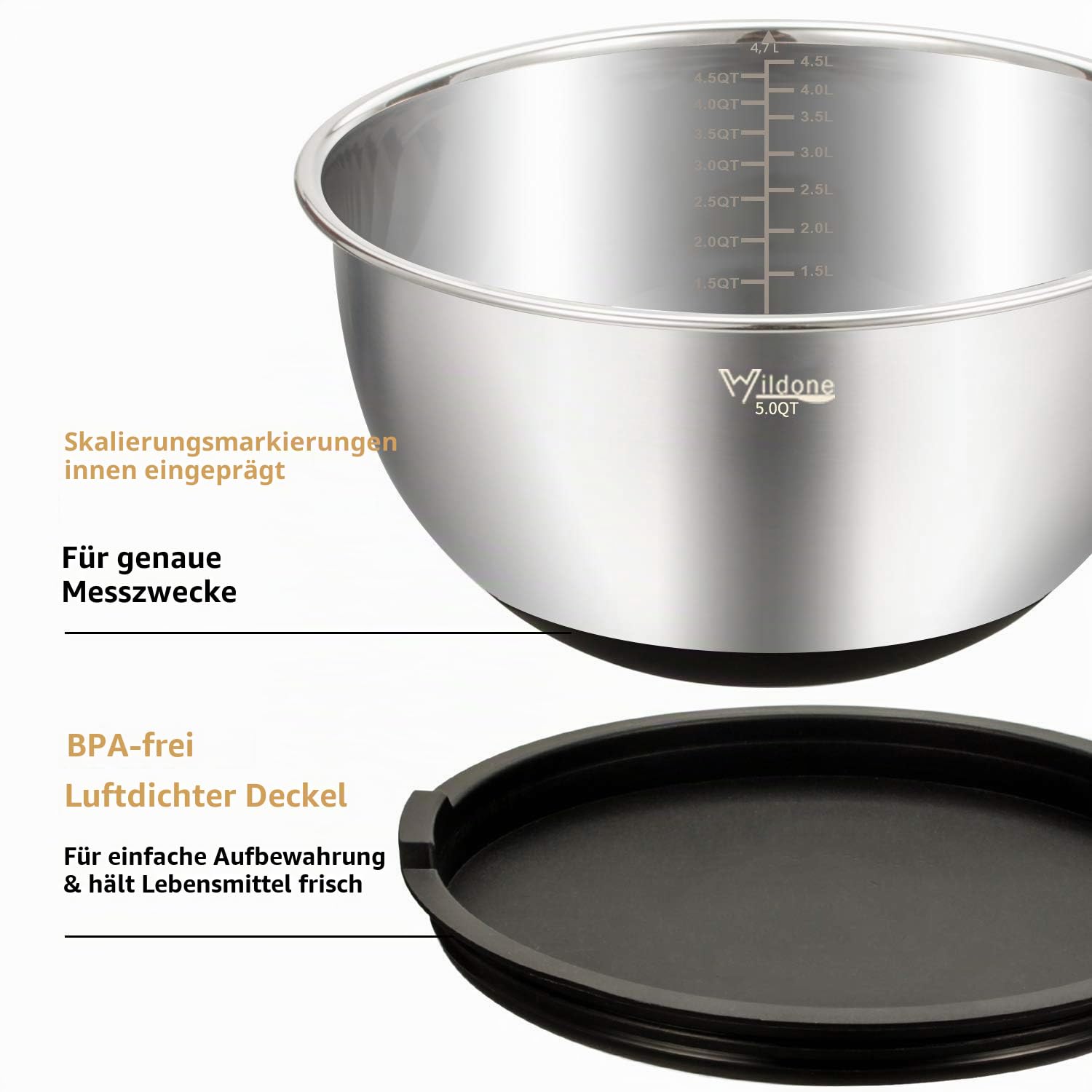 Rührschüsseln 5er-Set, Wildone Edelstahl mit luftdichten Deckeln, 3 Reibenaufsätzen, Messmarken und rutschfesten Böden, Größe 5, 3, 2, 1,5, 0,63 QT, ideal zum Mischen und Servieren
