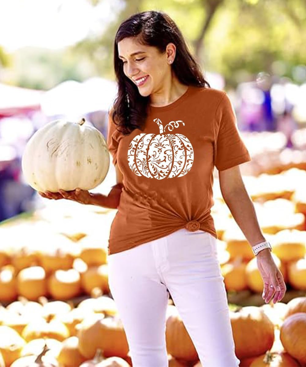 Women's Pumpkin Graphic Shirt Cute Happy Halloween Letter Print Tee Novelty Athletic Short Sleeve Tops