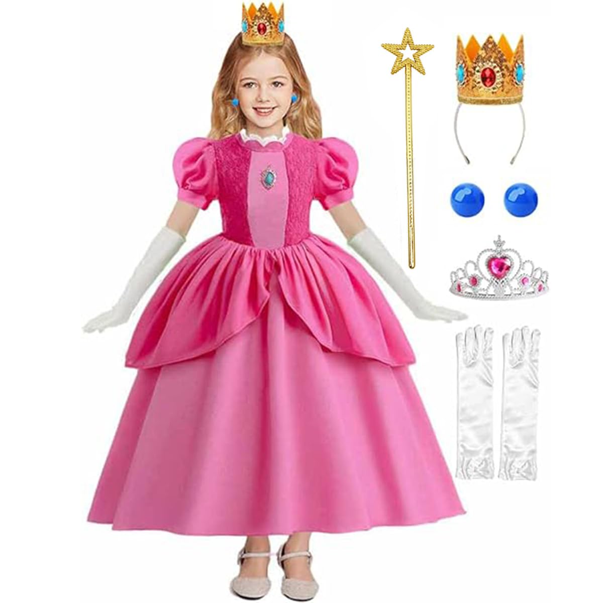 Skade Princess Peach Dresses for Girls, Princess Peach Costume Kids Halloween Costumes Dress Up with Accessories