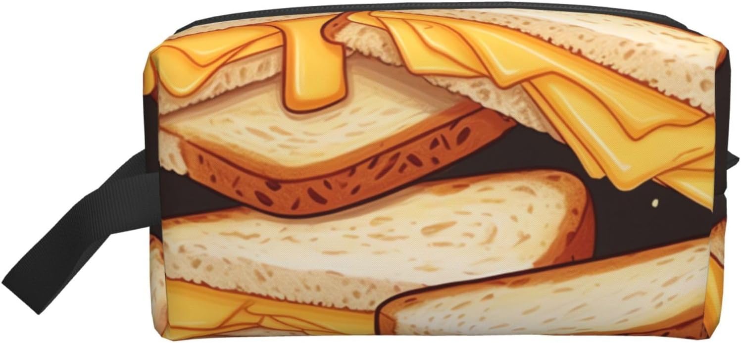 Travel Toiletry Bag for Women Men Leather Makeup Bag Large Portable Travel Organizer Cheese Sandwiches Cosmetic Bag with Hanging Hook Travel Bathroom Bag Zipper Pouch Purse