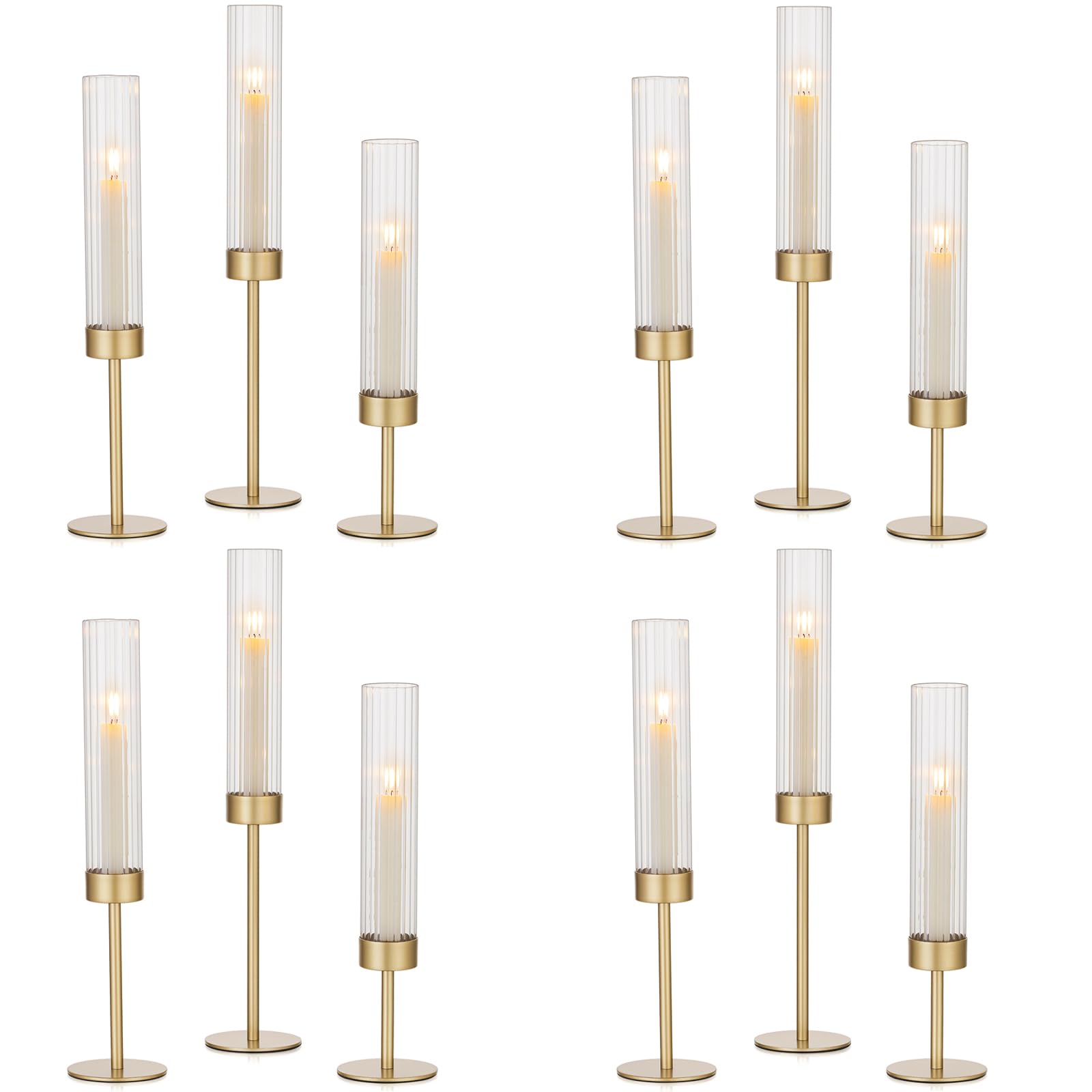 Photo 1 of Hewory Gold Hurricane Candle Holders: 12 PCS Brass Tall Candlestick Taper Candle Holders Bulk for Candlesticks Candle Sticks Holder Decor for Table Centerpiece Wedding Party Christmas Decorations