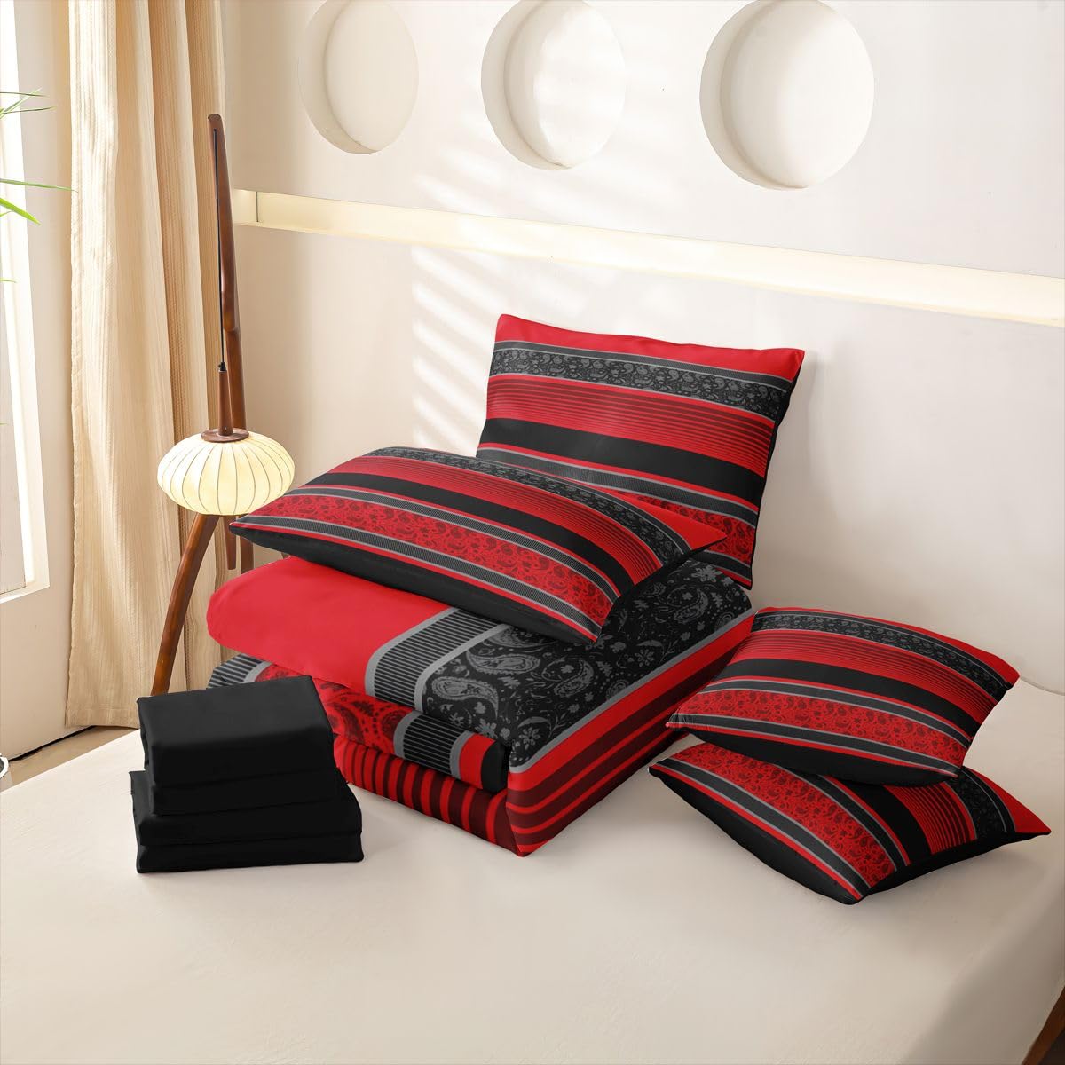 Homemissing Juego de funda de edredón de rayas rojas y negras tamaño King, juego de ropa de cama bohemio de 7 piezas, 1 funda de edredón, 1 sábana encimera, 1 sábana bajera, 2 fundas de cojín, 2