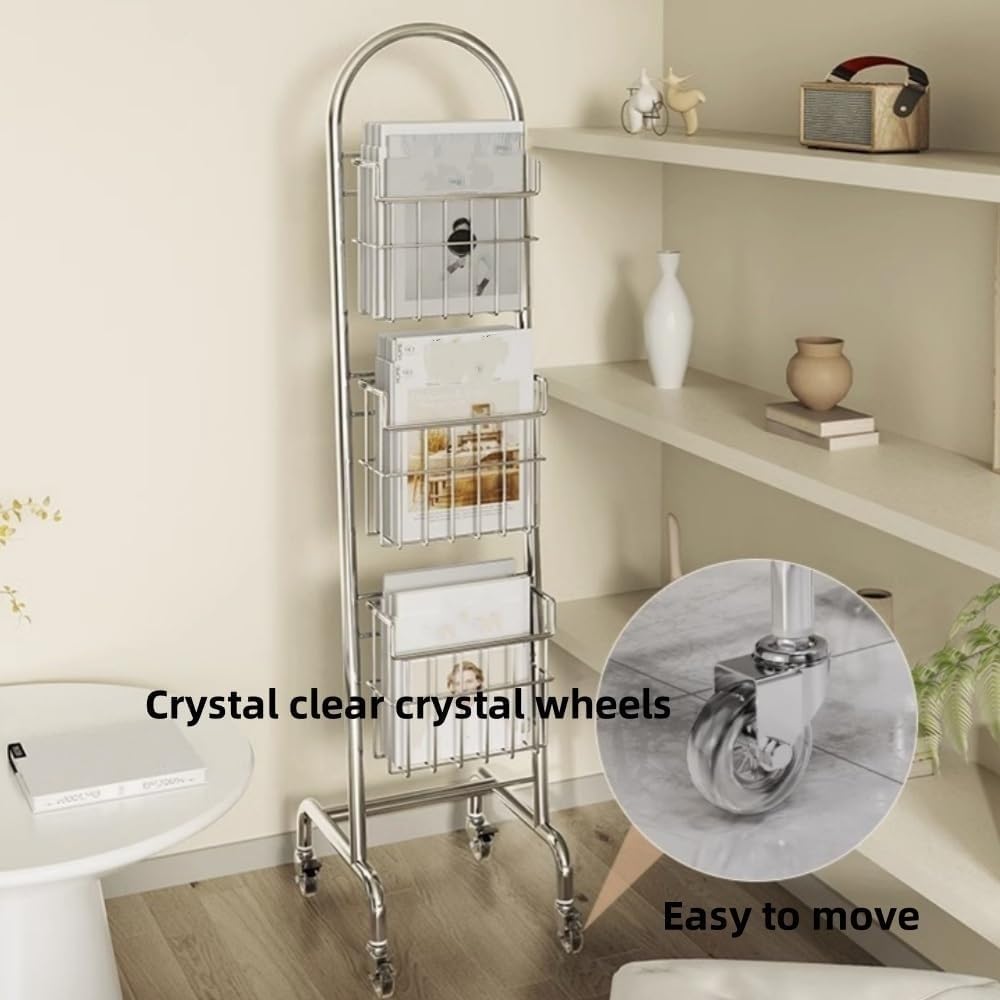 3-Tier Stainless Steel Floor Display Rack - Mobile Newspaper, Magazine & Brochure Organizer with Crystal Wheels - Durable Arched Storage for Books & Literature
