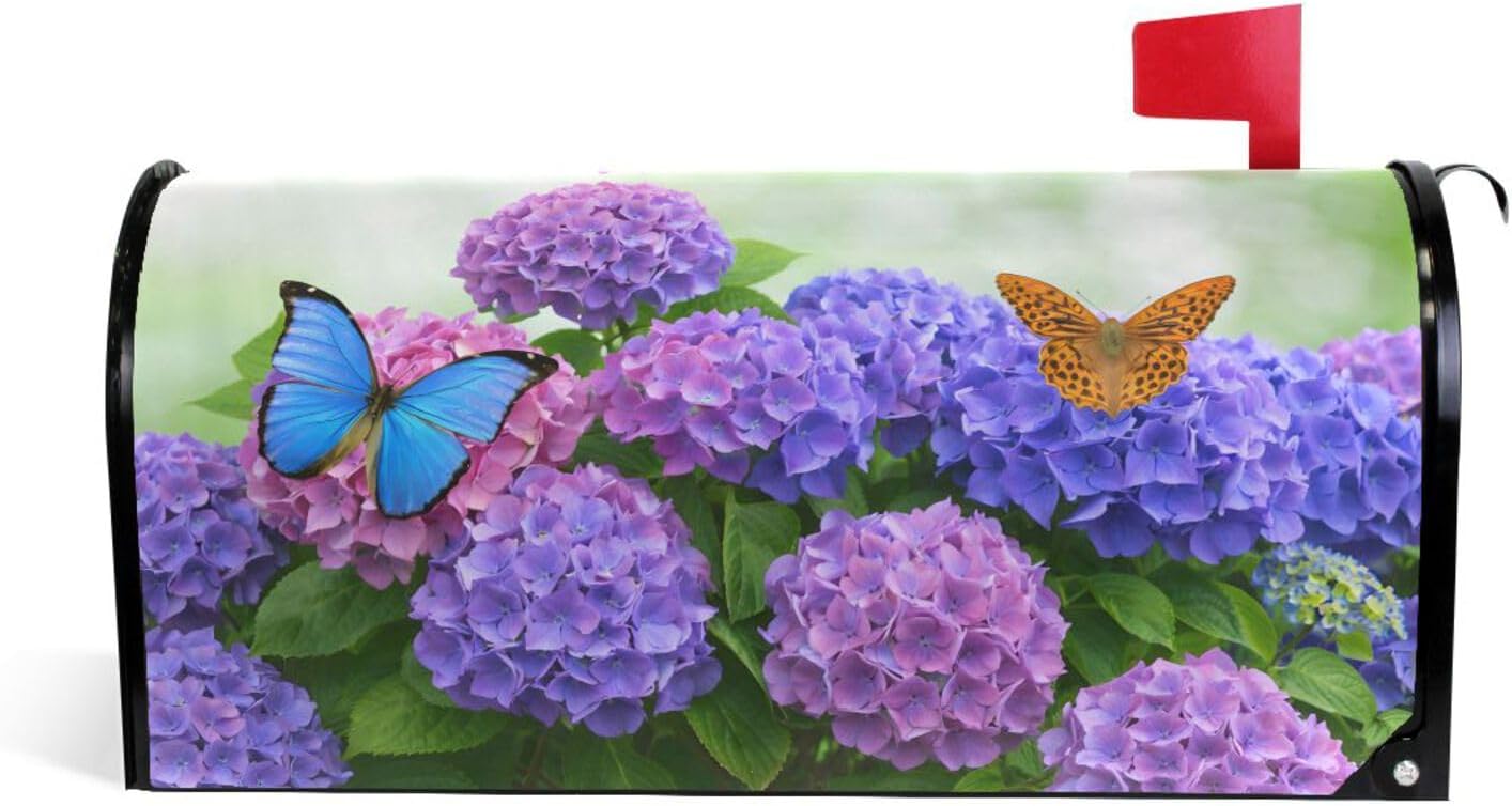 ALAZA Hydrangea Flowers with Butterflies Magnetic Mailbox Cover Spring Summer Floral MailWraps Garden Yard Home Decor for Outside Standard Size-18"x 20.8"