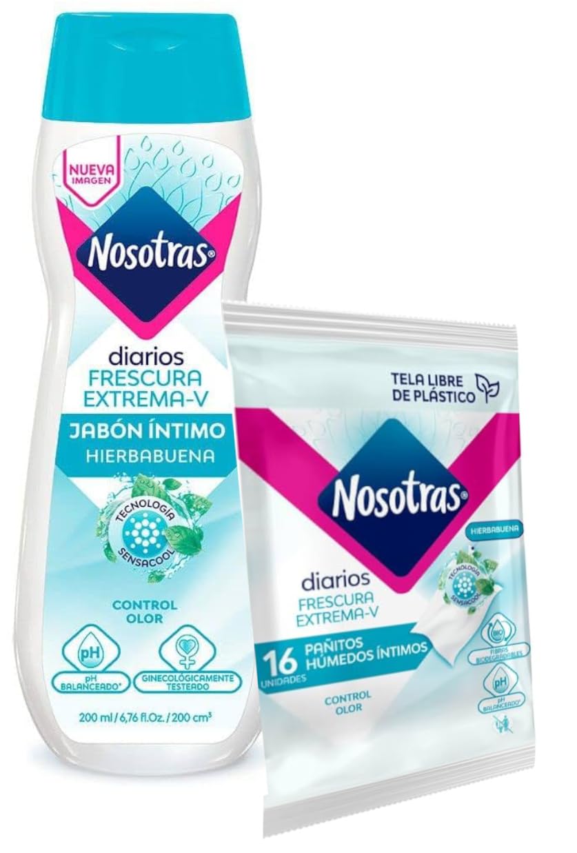 Feminine Wash Nosotras Set Intimate Soap And Wet Wipes Peppermint | Kit Jabon Intimo y Pañitos Humedos Hierbabuena Frescura Extrema-V Colombia (6.76oz - 200ml)