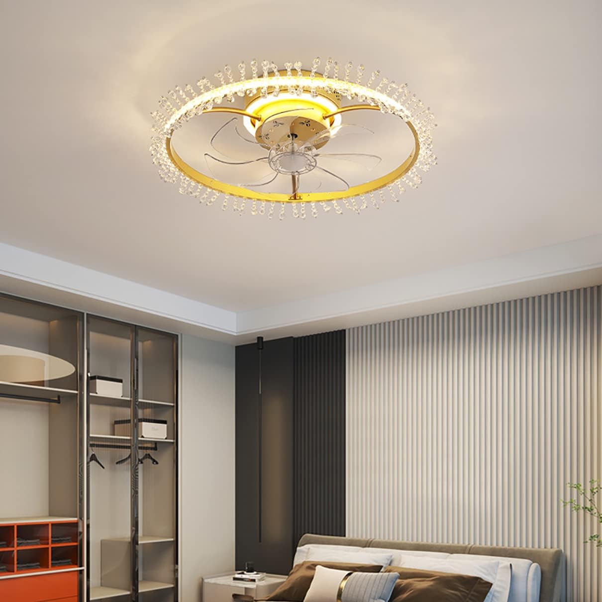 YUEGOO Ceiling Fans with Lamps,Ceiling Fan with Light and Remote Control Reversible Mute 6 Speeds Fan Lights Bedroom Led Dimmable Crystal Fan Ceiling Light with Timer Modern Living Room