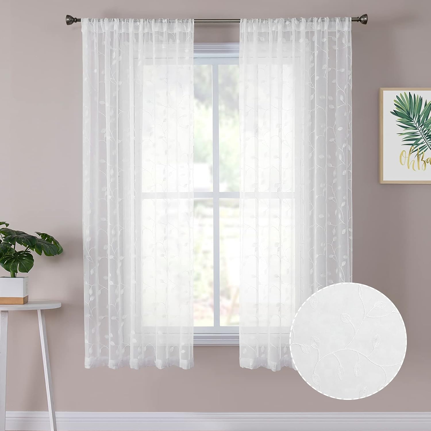 Tollpiz Leaves Short Sheer Curtain White Leaf Embroidery Bedroom Curtains Rod Pocket Voile Faux Linen Embroidered Leaves Curtain for Living Room, 54 x 54 inches Long, Set of 2 Panels