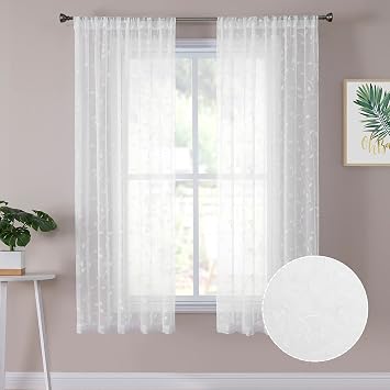 Tollpiz Leaves Short Sheer Curtains White Leaf Embroidery Bedroom Curtain Rod Pocket Voile Faux Linen Embroidered Leaves Curtains for Living Room, 54 x 45 inches Long, Set of 2 Panels
