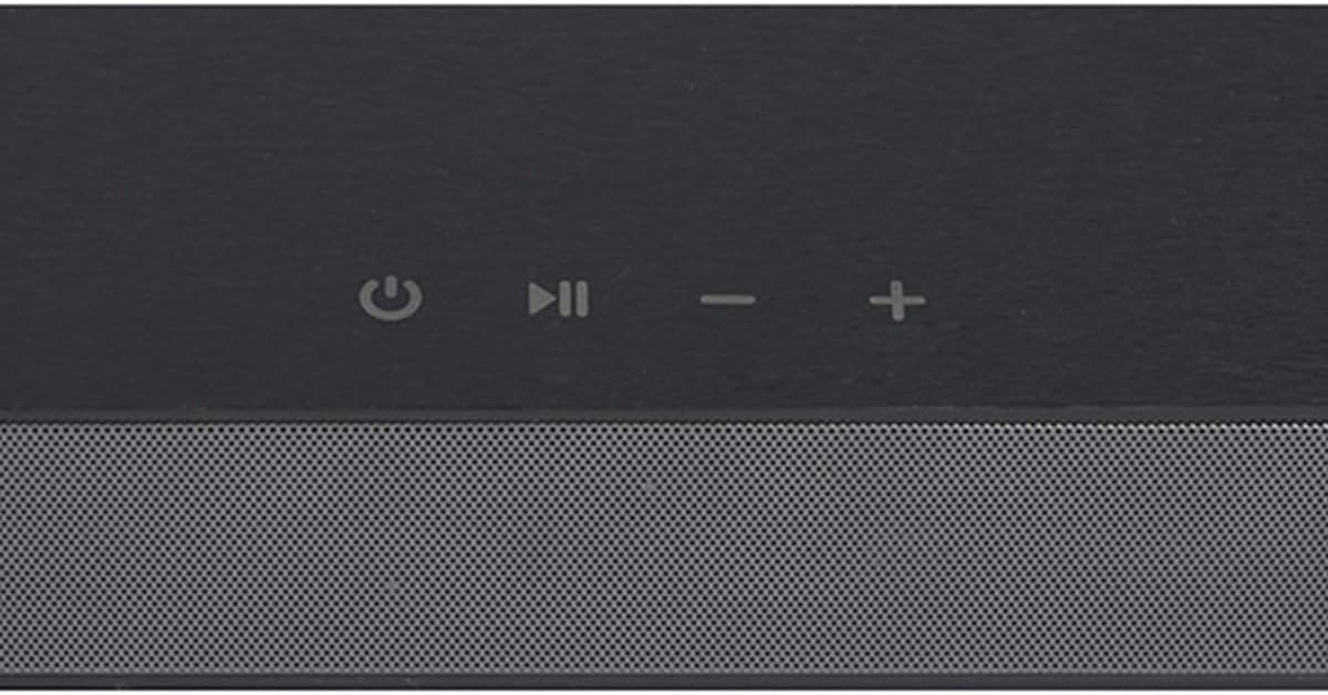 Close-up of the soundbar's top panel showing touch controls for power, play/pause, volume, and input selection.