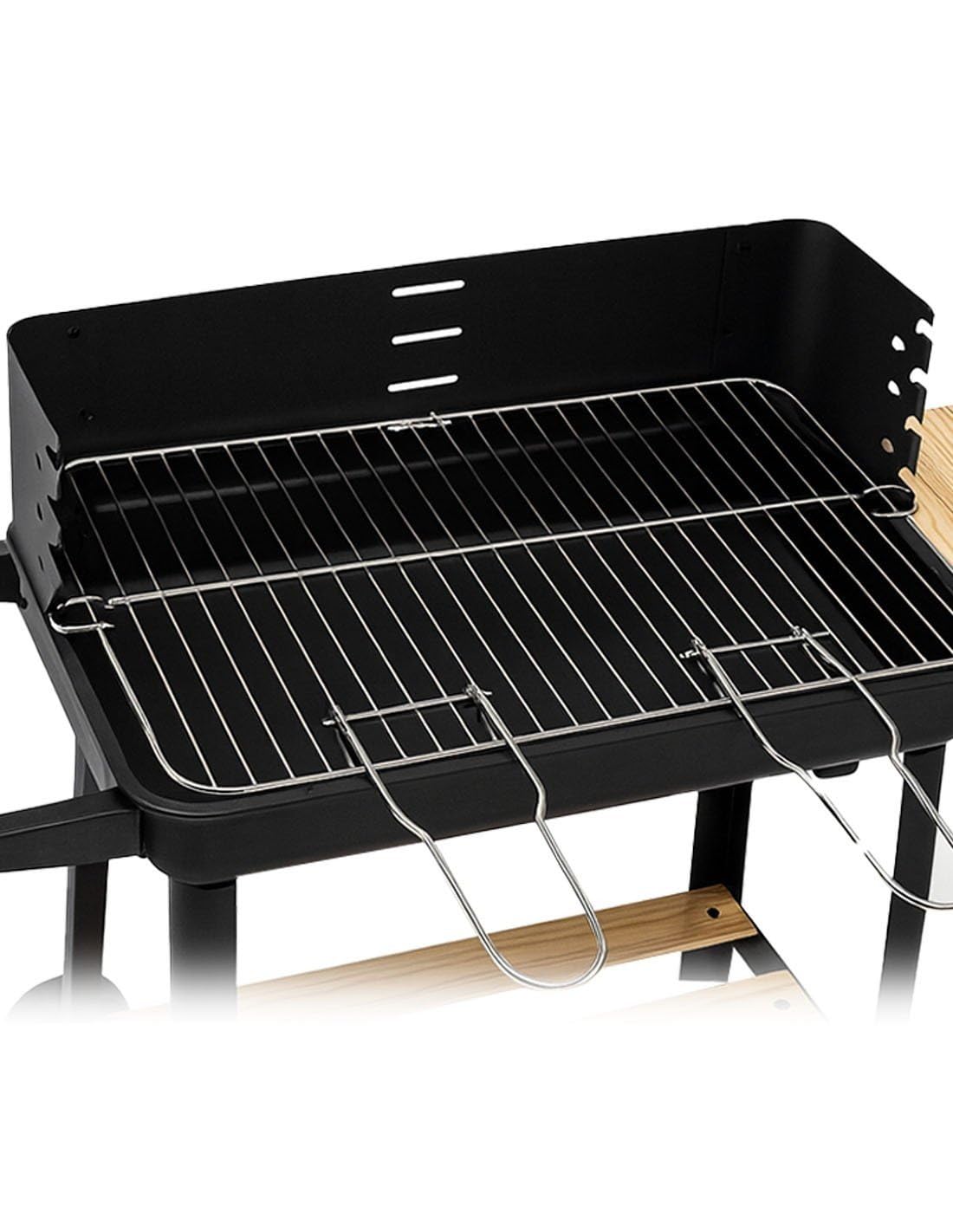 JARDIN202 - Barbacoa Rectangular de Carbón con Parrilla Cromada Arizona | Ruedas para Transporte | Bandeja de Madera | Grill Exterior | (Negro)