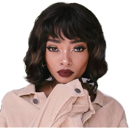 Colorful panda Short Wavy Wig with Bangs Black Mixed Brown Bob Wavy Synthetic Wig for Women Natural Looking Heat Resistant Fiber Hair 12"