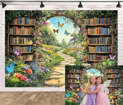 Enchanted Forest Fairy Library Backdrop, Spring Woodland Bookshelf Tea Party