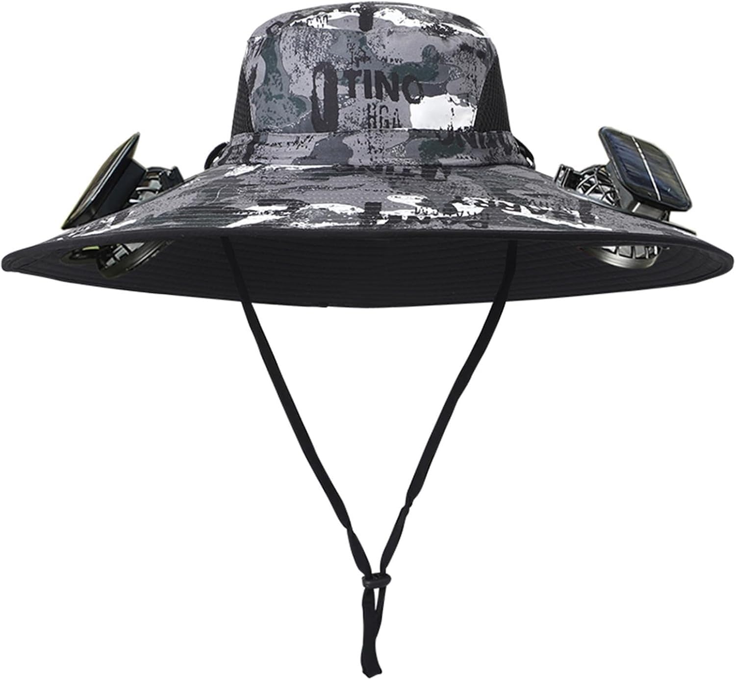 WOMGKDA Solar Powered Cooling Hat with 2 Fans Unisex Wide Brim Bucket Hat Waterproof Breathable for Fishing Hiking Outdoor Activities, Scrawl a, One Size