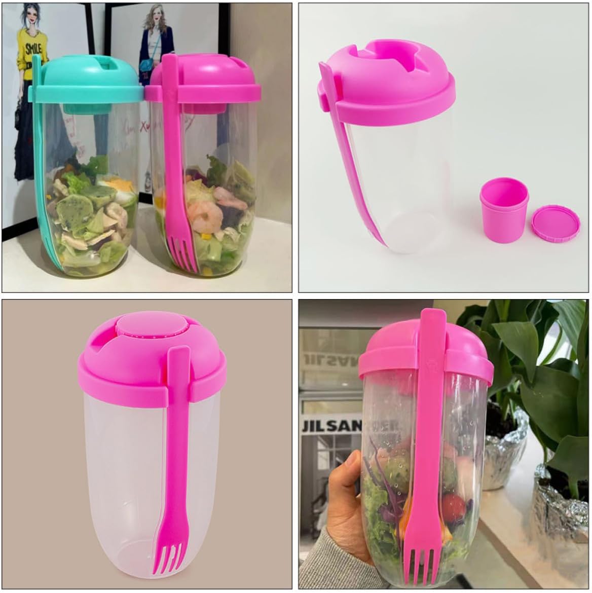 Pink Salad Shaker Cup 2pcs with Fork and Lid 1000ml for Lunch