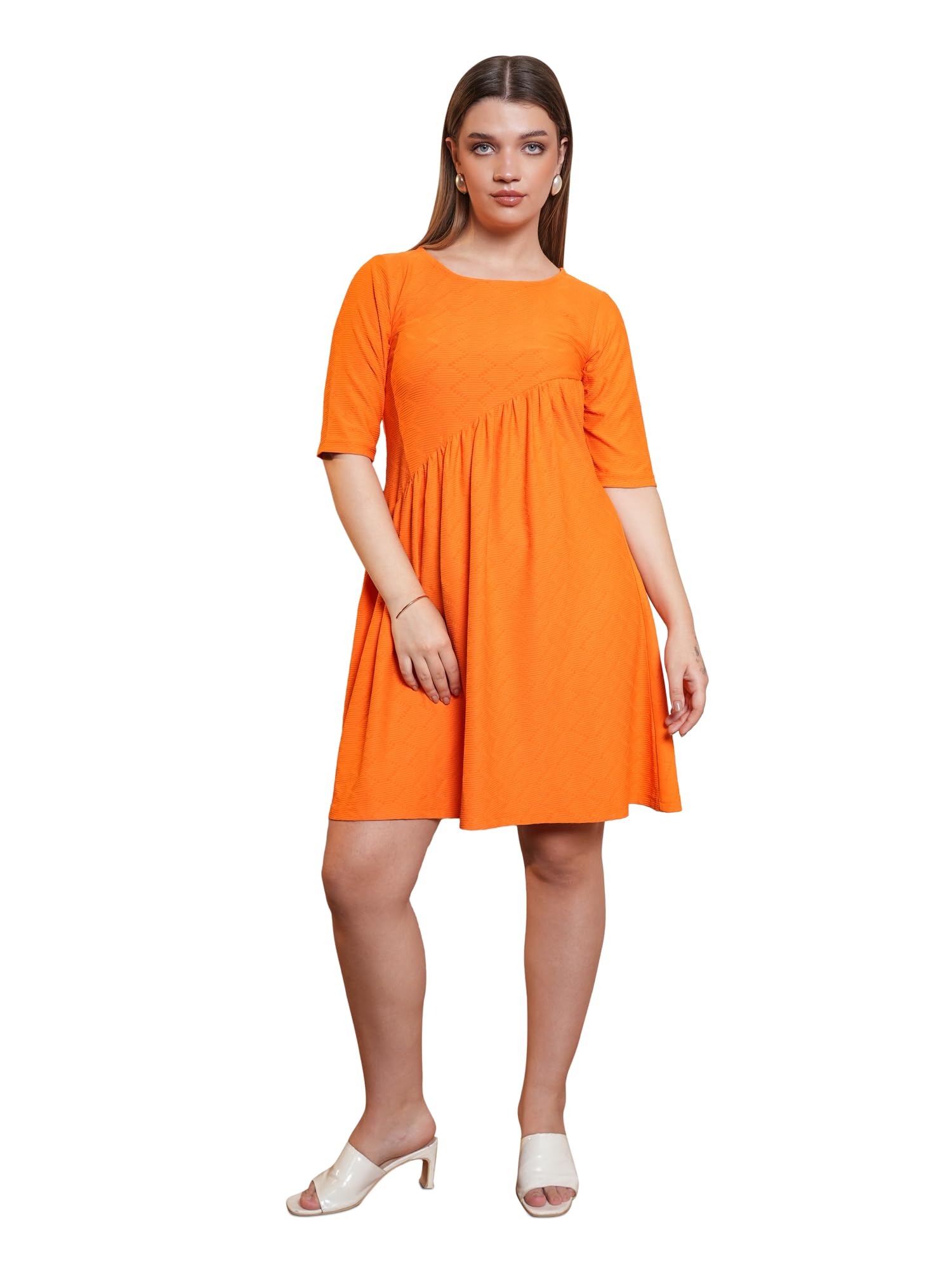 Purvaja Womens Flared Above Knee Length Dress (Nisi-021-Orange_Orange_Small)