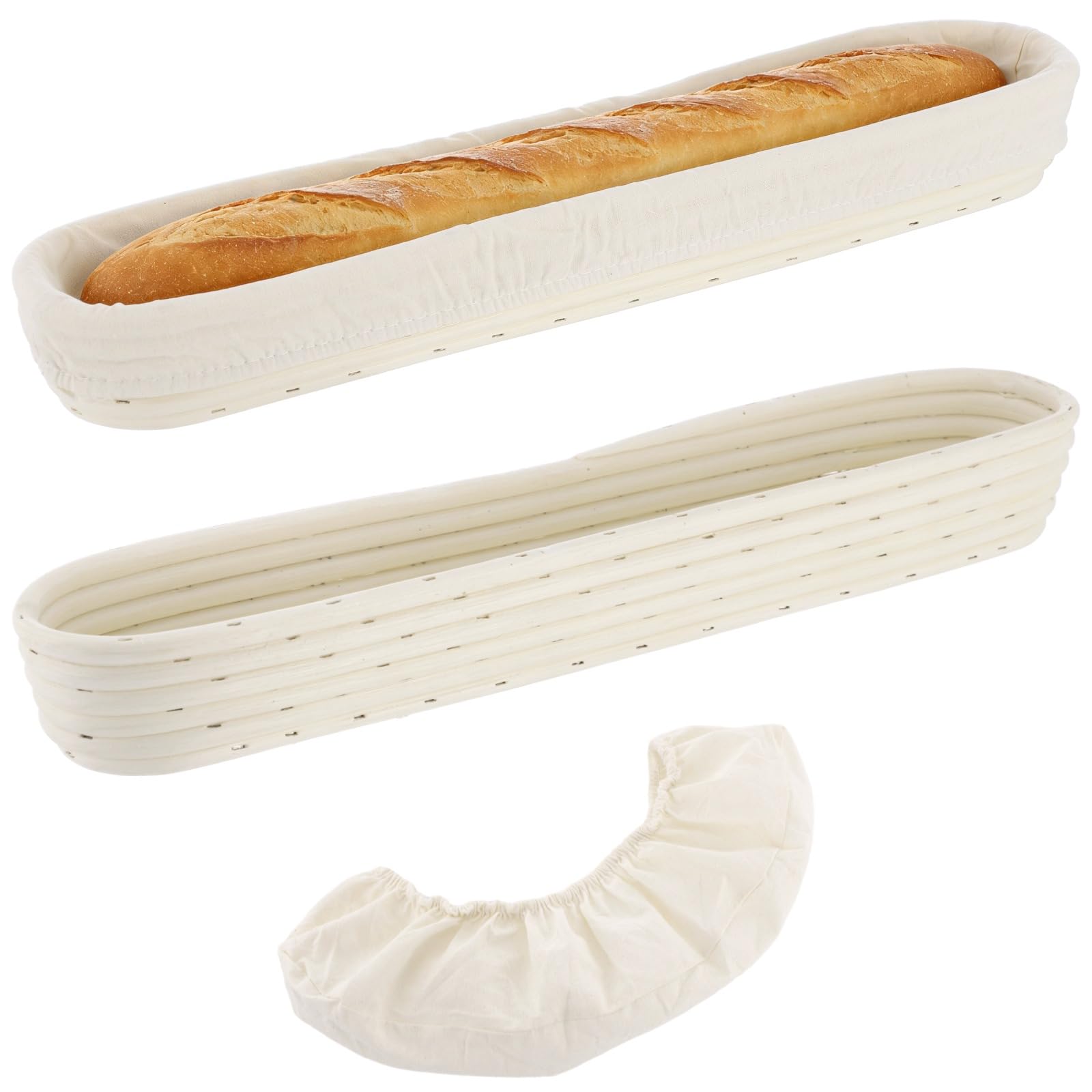 2 Stk. Baguette-Gärkörbe, 42,4 x 7,9 x 5,6 cm, aus natürlichem Rattan, handgeflochten, für Sauerteig und lange Brote, mit Stoffeinlagen, für Hobbybäcker und Bäckereibedarf