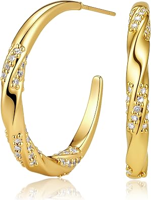 Hoop Earrings for Women, 18K Gold Plated Twisted Hoops with S925 Sterling Silver Post, Hypoallergenic Cubic Zirconia Everyday Earrings Jewelry Gifts