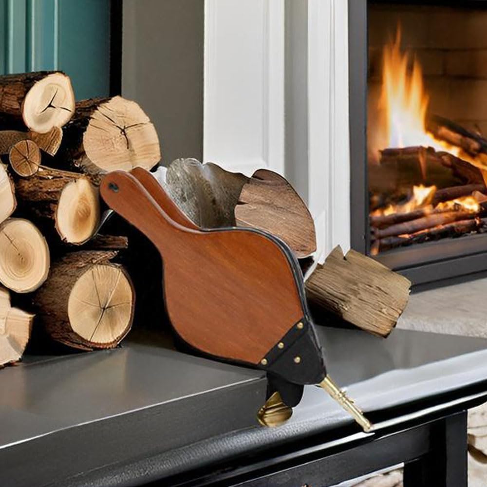 Small, Maple Fireplace Bellows Made of Mango Wood, Black Leather with Hanging Strap for Quick Blast of Air, 15" L X 6" W