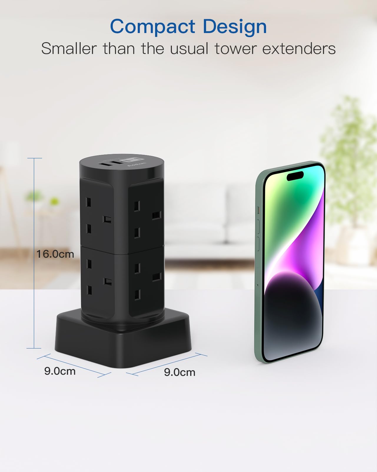 Tower Extension Lead with USB Slots, (13A 3250W), 8 Way Multi Plug Extension Tower & 4 USB Ports (2 Type C), 1.8M Extension Cable, Extension Lead tower for Home Office School Supplies (Black) — view 6