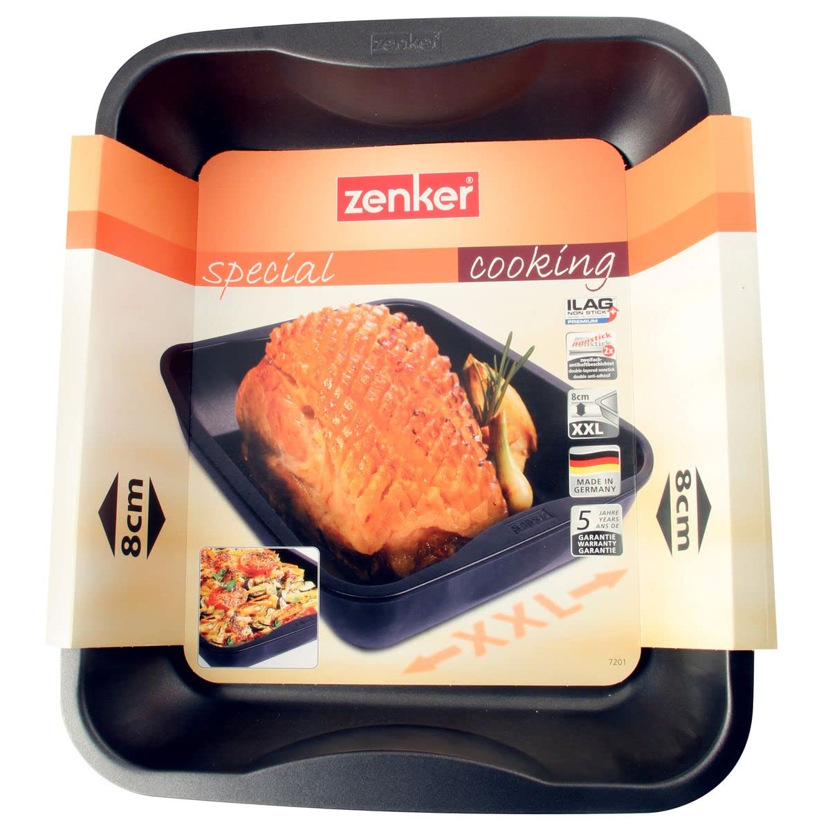 Zenker XXL-Brat- und Auslaufform (40 x 8 x 34 cm) SPECIAL COOKING, rechteckige Ofenform mit Antihaftbebeschichtung, Backblech für krosse Braten & saftige Aufläufe (Farbe: Schwarz), Menge: 1 Stück