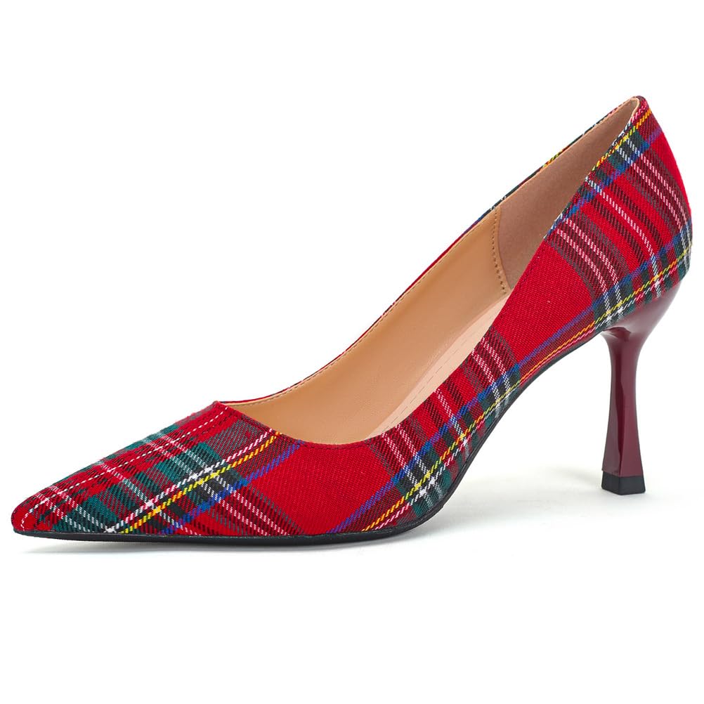 Zapatos de Tacón Mujer Lona Cuadros Vichy Punta Afilada Tacón de Aguja Delgado 7.5cm con Suela Antideslizante para Trabajo & Eventos Jardín