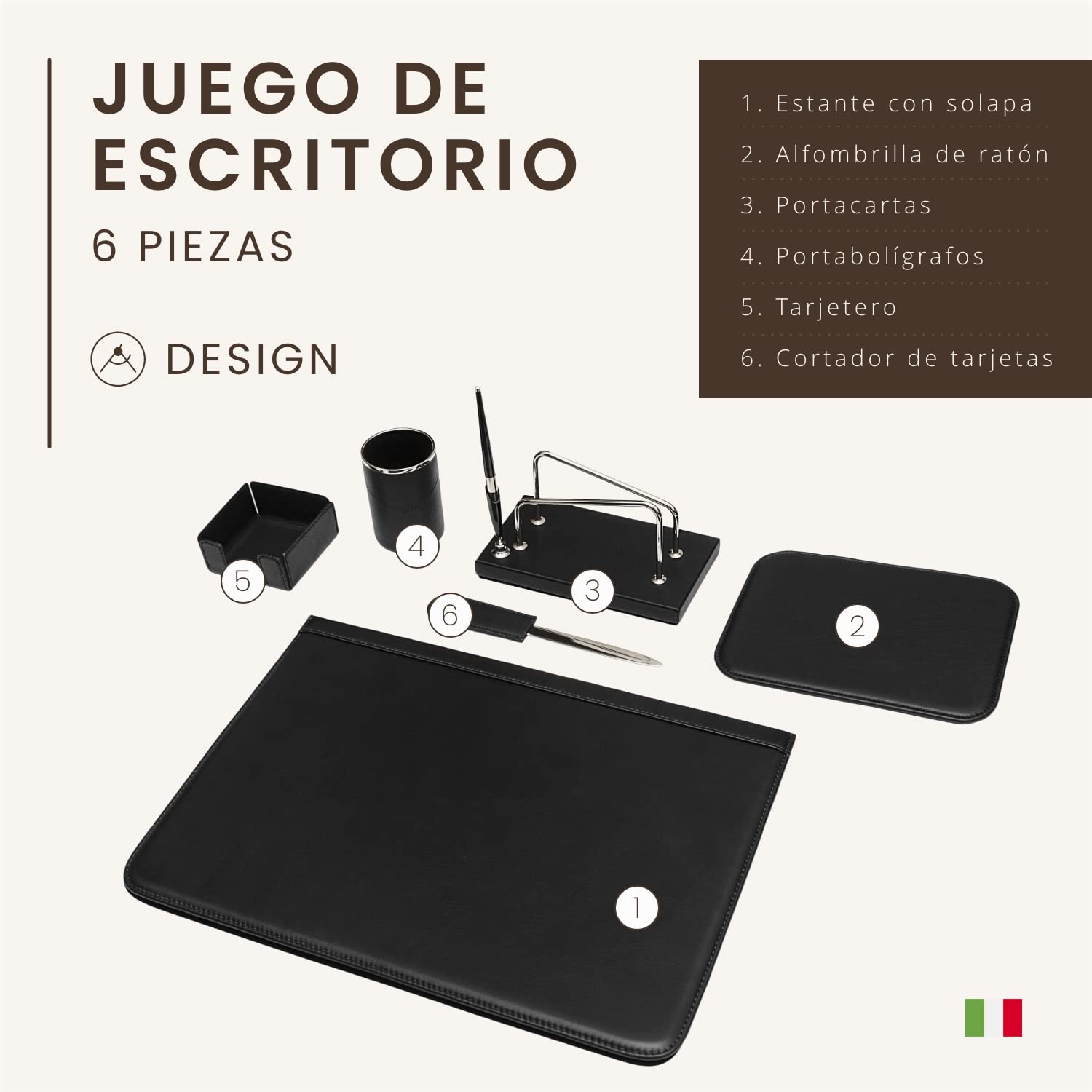 Juego de escritorio de 6 piezas - 100% cuero de plena flor - Hecho a mano en Italia por expertos artesanos - Elegante y funcional, ideal para la oficina - Negro