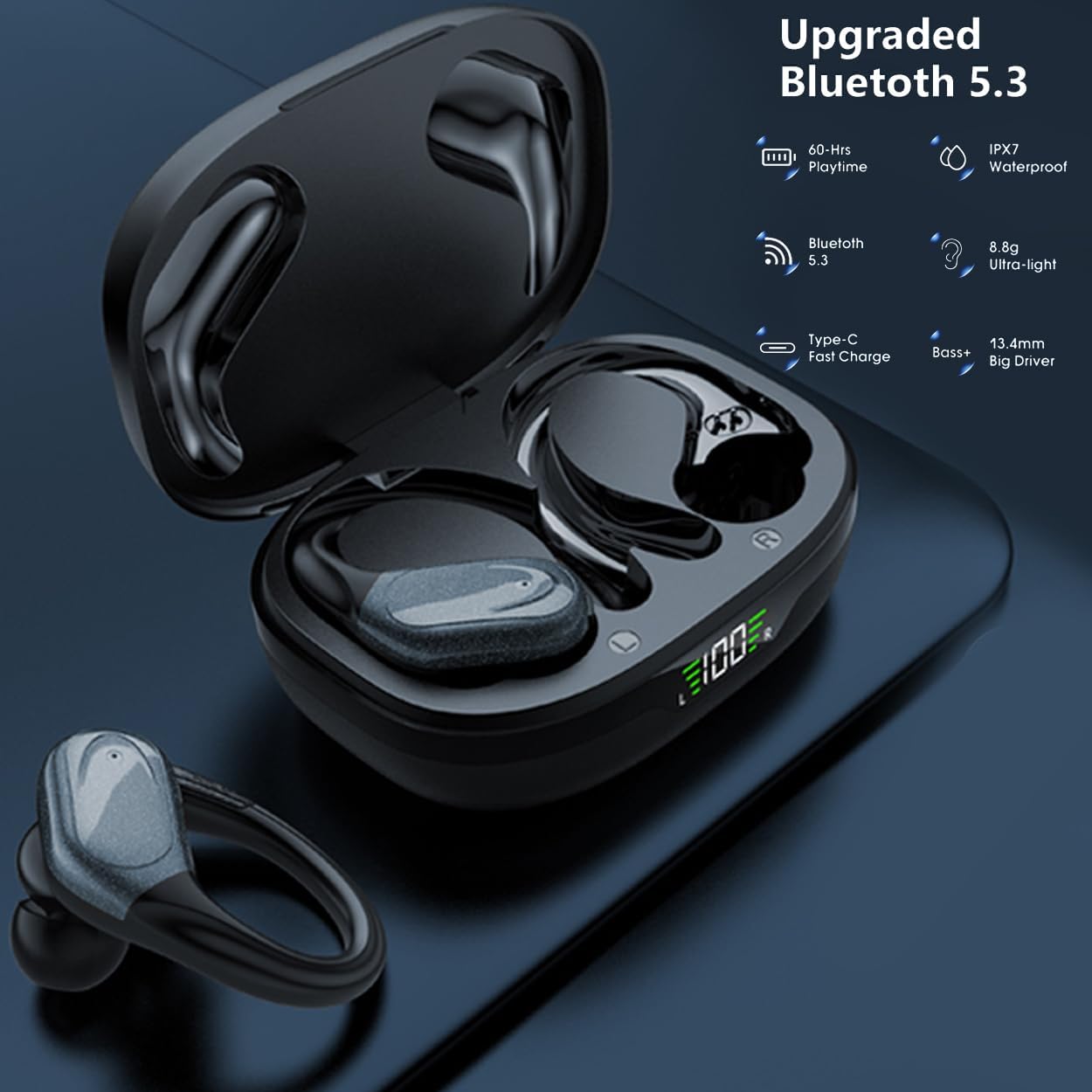 TWS BX 17 Bluetooth 5.3 Wireless Earbuds 48hour Playtime HiFi Headphones Over-Ear Headset Sports IPX7 Waterproof Built-in Microphone Digital Power LED Display Powerful Stereo Bass Earphone (Black) - Image 6