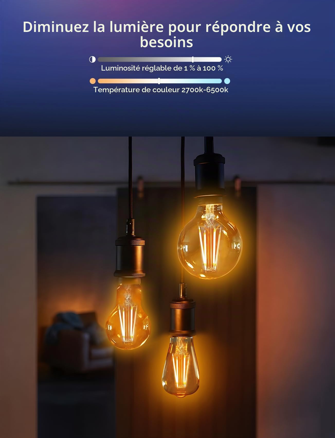 Aigostar Mesh - Ampoule Connectée Bluetooth Mesh A60, Edison Vintage Lampe à Filament LED Dimmable 6W 806LM Blanc Chaud 2700K-6500K, Compatible avec Alexa/Google Assistant, 6 Unité (avec Télécommande)