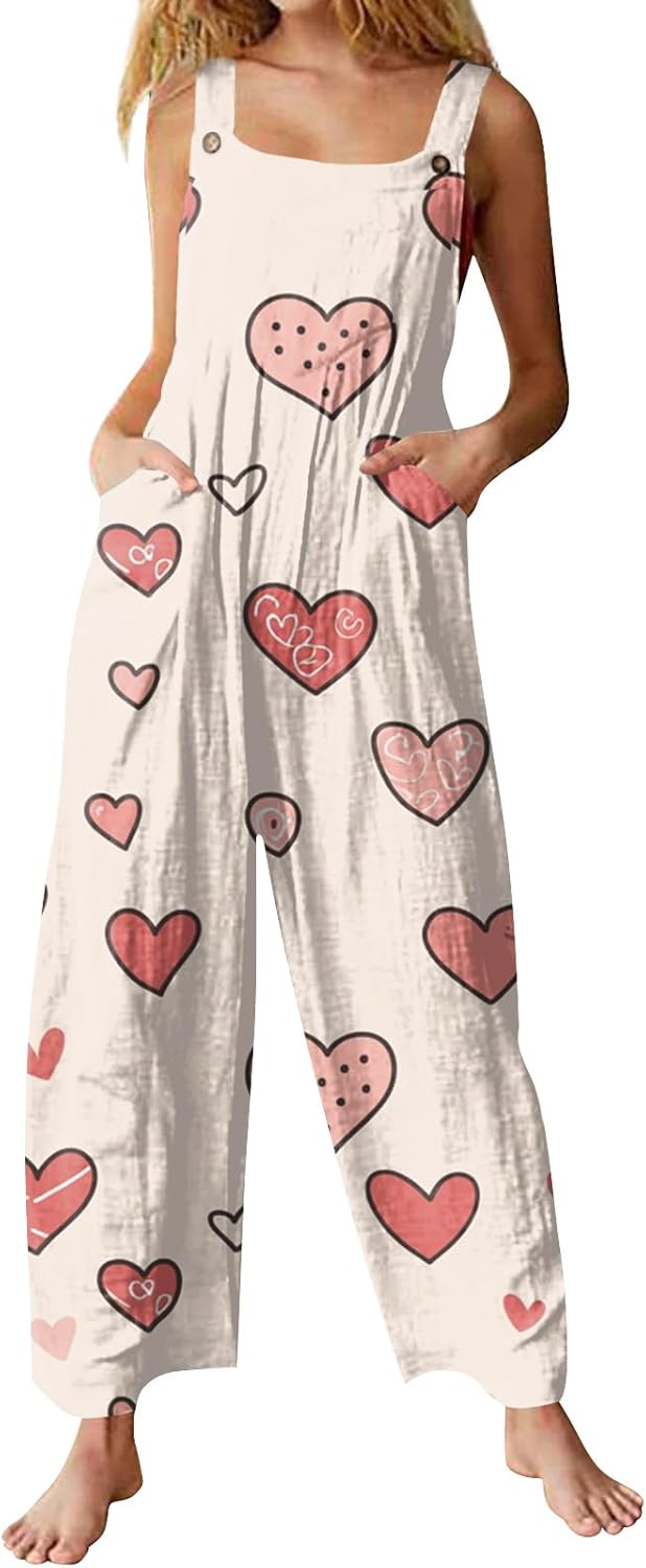 Jumpsuits for Women Valentine's Overalls Heart Graphic Rompers Casual Sleeveless Wide Leg Overall with Pockets