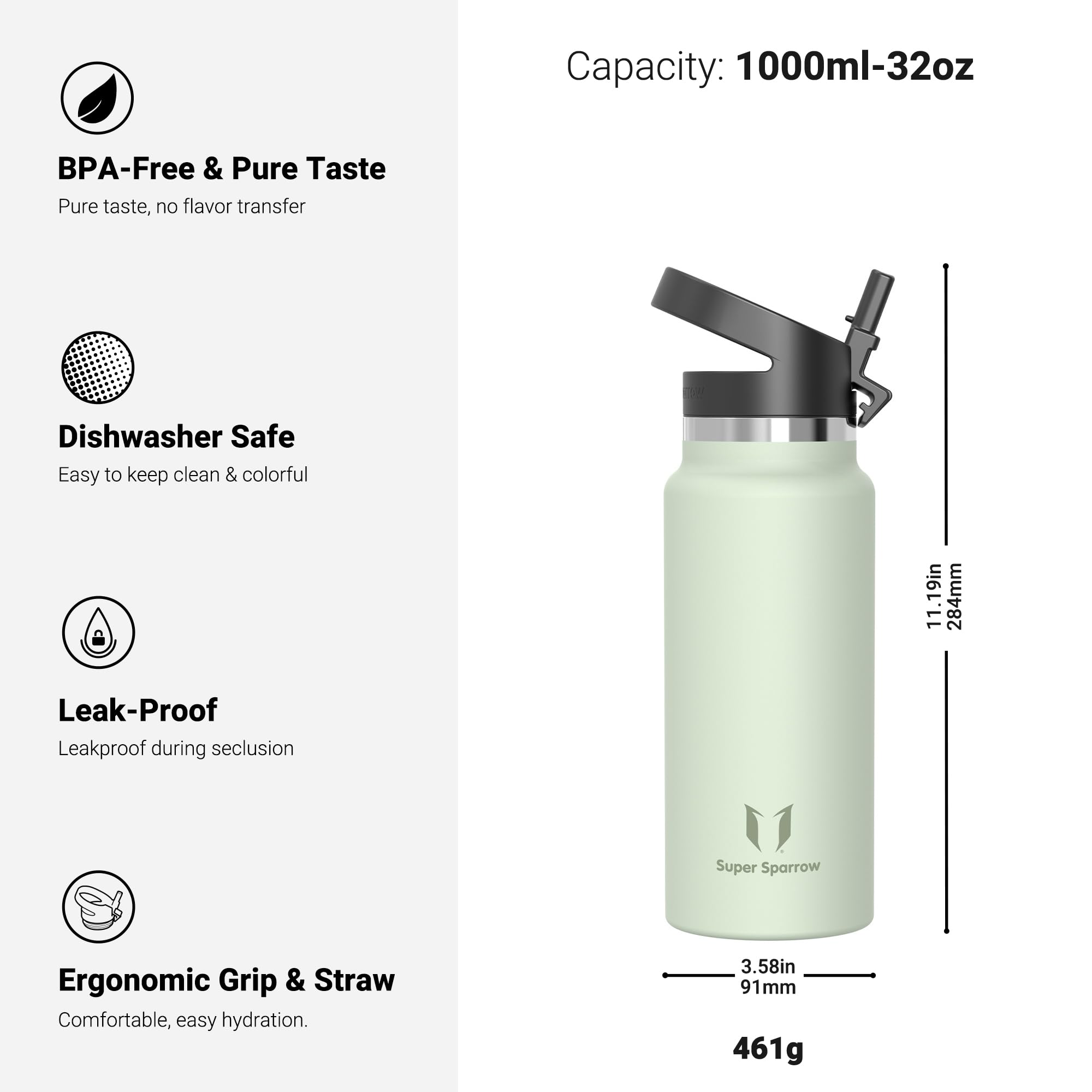 Super Sparrow Borraccia Termica - 500ml, 750ml, 1000ml, 1.2L, 1.5L- SwivelSip Inox Bottiglia - Senza BPA Borracce Termiche, Borraccia Ergonomica per Bambini, Sportiva, Bici, Campeggio, Palestra