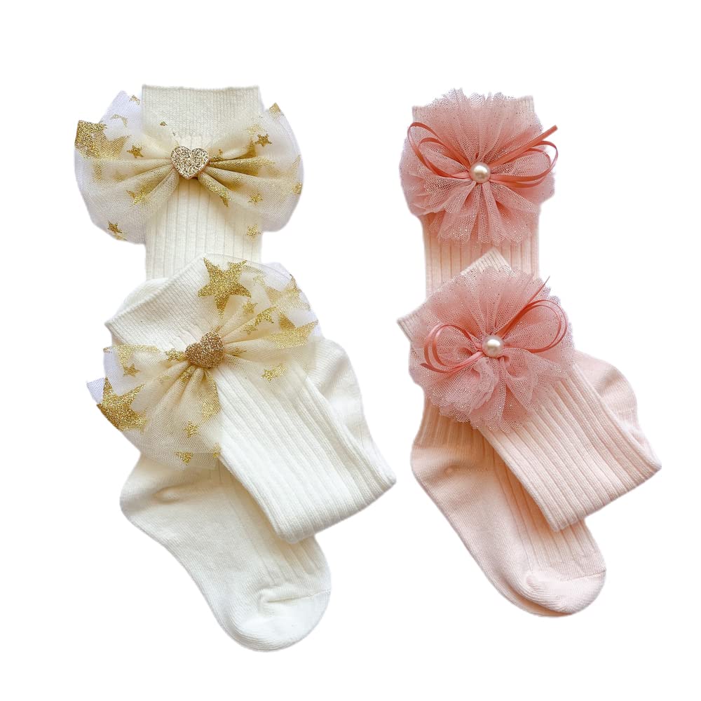 FEIFEI'S BOW 2 Pairs Toddlers Baby Girls Kids Tutu Flower Pearl Bows Party Costume cotton Knee High Socks Newborn Infant (Set01 S)
