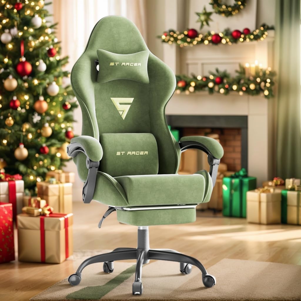 Soontrans Velvet Fabric Gaming Chair with Footrest, Comfortable Video Gamer Chair for Adult, Ergonomic Office Computer Desk Game Chairs with Massage Lumbar Cushion,Headrest