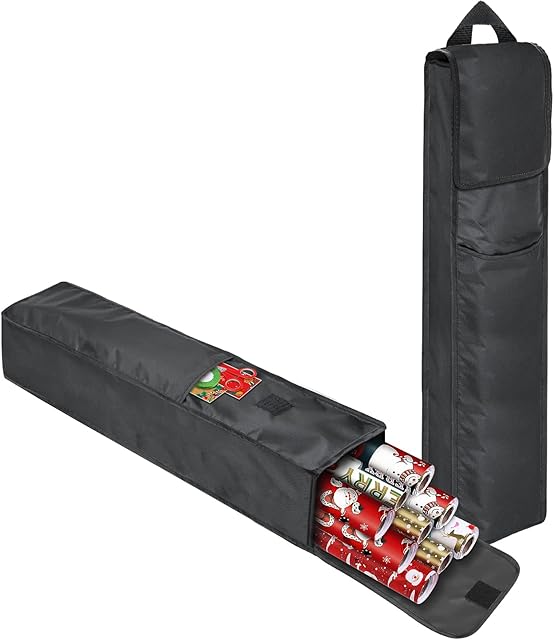 DIJIA Christmas Wrapping Paper Storage Bag, 2 Fabric Wrap Storage Wrapping Paper Roll Holder with a Front Pocket for Christmas Cards, Durable Wrapping Paper Storage Box (74x14x14cm)