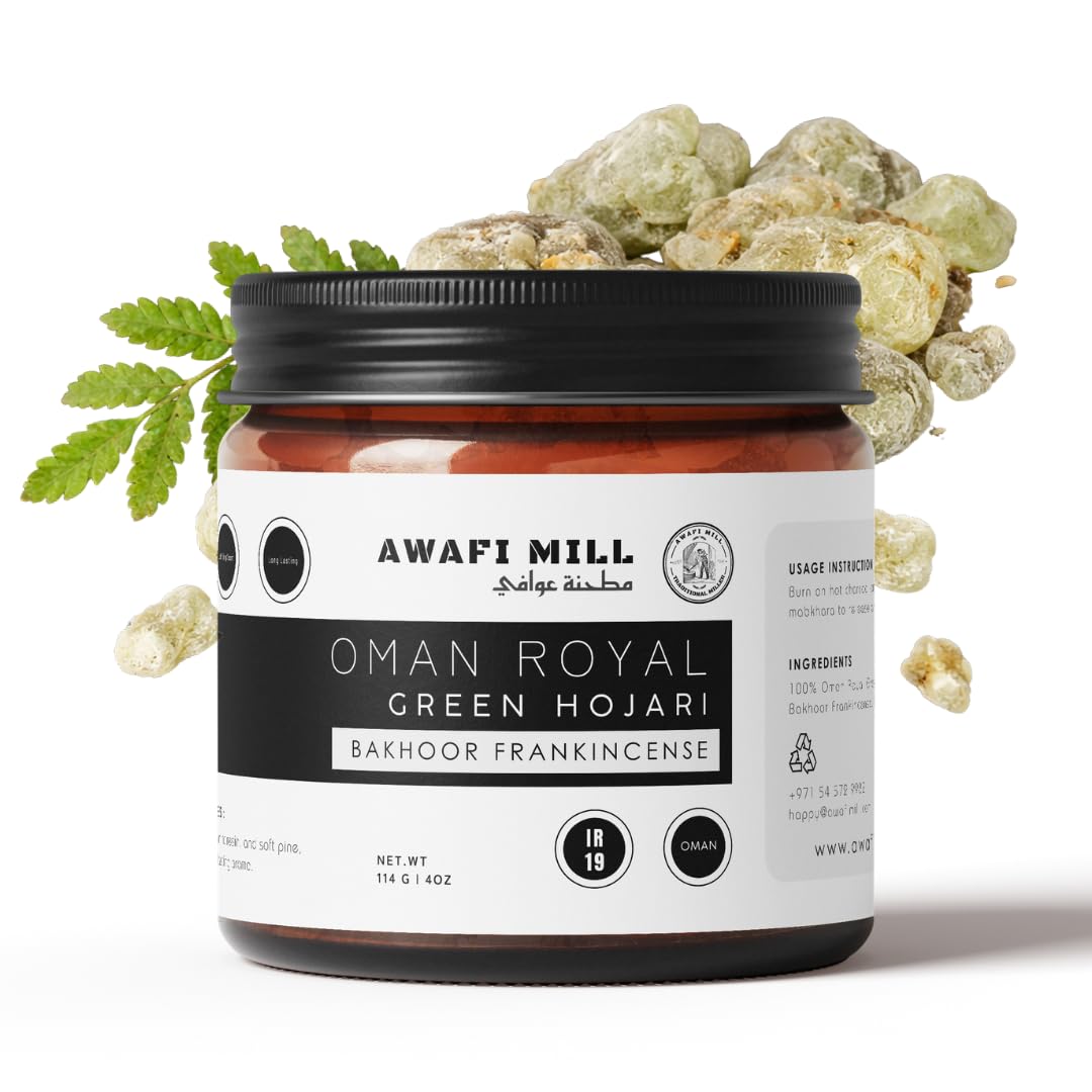 – AWAFI MILL Oman Green Hojari – Natural Frankincense Resin for Bakhoor & Aromatic Use | Boswellia Sacra Gum from Oman - 114 g | 4 Oz