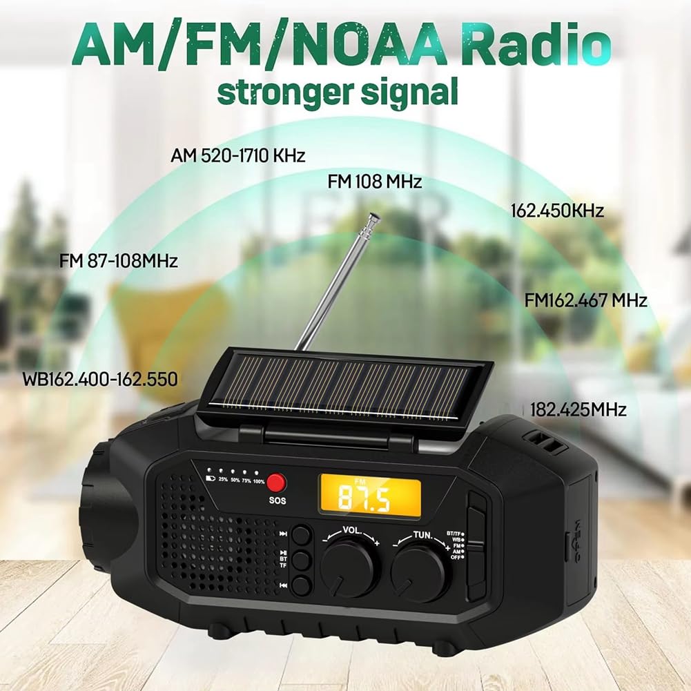 Radio awaryjne, głośnik Bluetooth, przenośna korba solarna radio AM/FM do survivalu, ładowarka USB, alarm SOS, do czytania