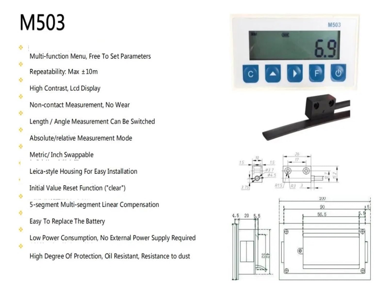 Codificador de Escala Lineal, De medición de Tiras con Sensor de Cinta magnética integrada con Pantalla magnética M503 Pantalla de Contador DRO para Torno fresador