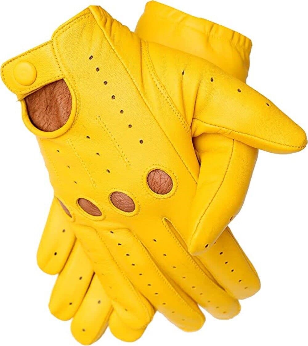 Men's Full Finger Driving Gloves, Riding Gloves, Biking Gloves Made With Original Sheep Skin Leather, YELLOW (Small)