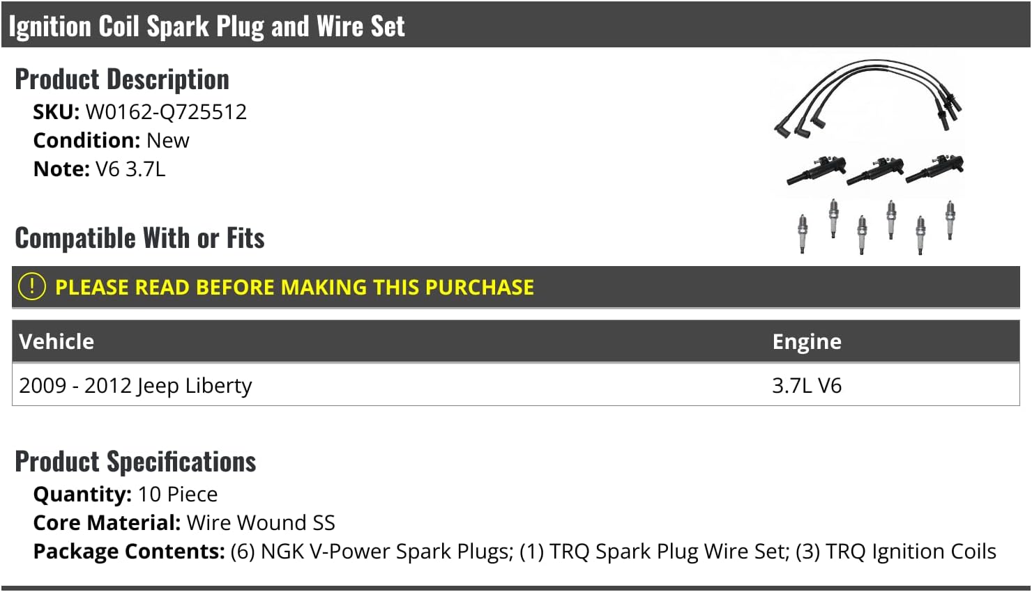 Ignition Coil Spark Plug Wire and Spark Plug Kit - 10 Piece - Compatible with 2009-2012 Jeep Liberty 3.7L V6, (W0162-Q725512)