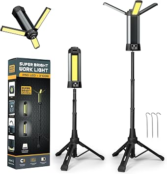 Rechargeable Work Light with Stand, Outdoor LED Cordless Camping Light | Portable Telescopic Bracket, 3.7 Ft Tall 6AH Battery, 2000 Lumen Construction Lights with Carrying Bag Grey Medium