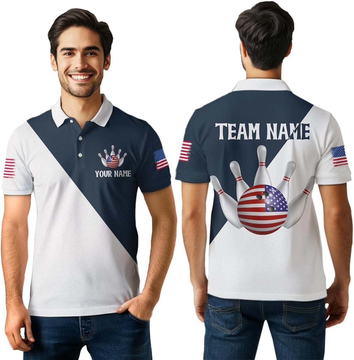 American Bowling Shirts Custom Blue Bowling Jersey for Men Women's Patriotic Bowling Polo Bowling 1/4 Shirt with Team Name