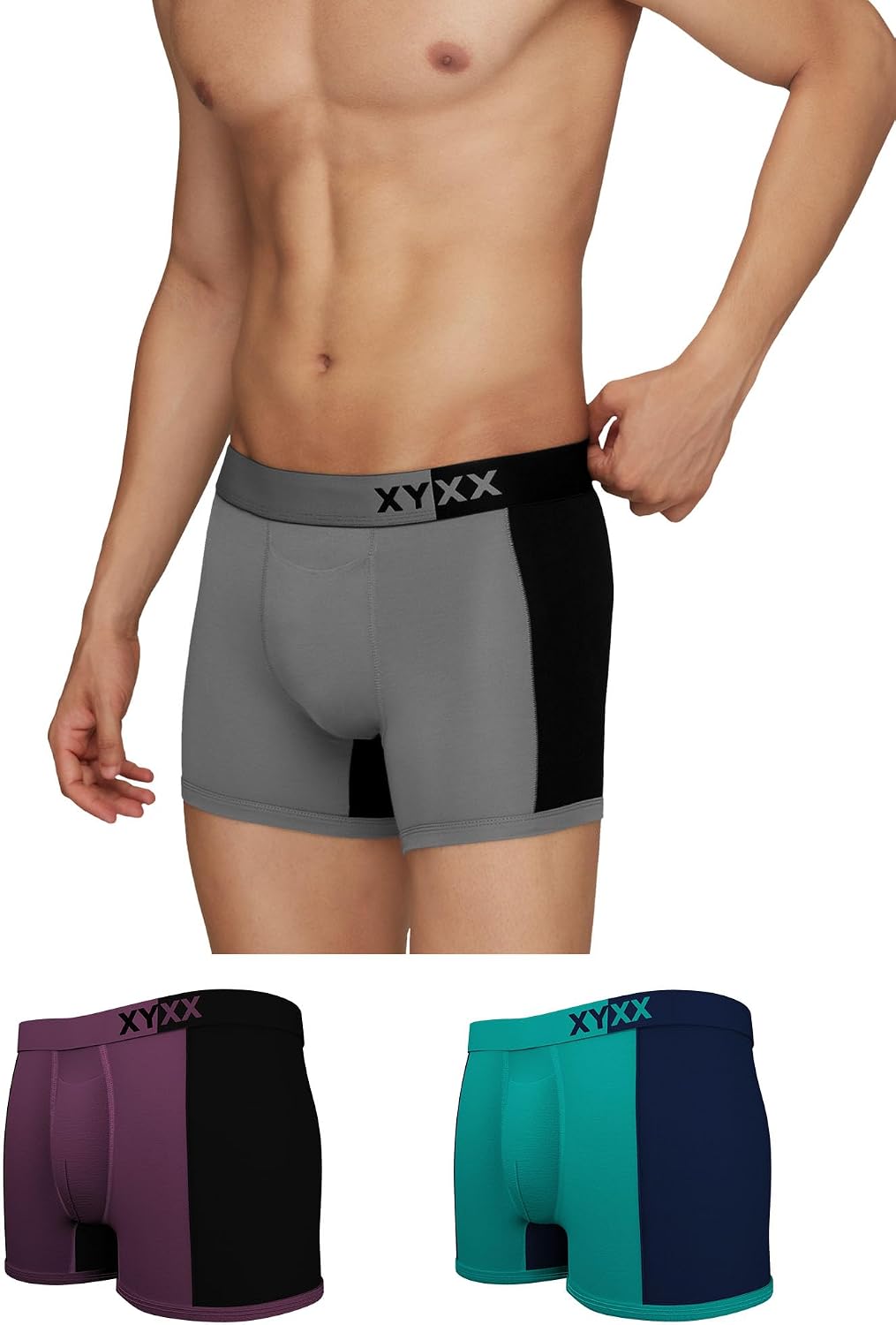 XYXX Men's Underwear Dualist IntelliSoft Antimicrobial Micro Modal Trunk Pack of 3 (Steel Grey & Black;Black Iris & Black;Brilliant Blue & Black Iris; L)